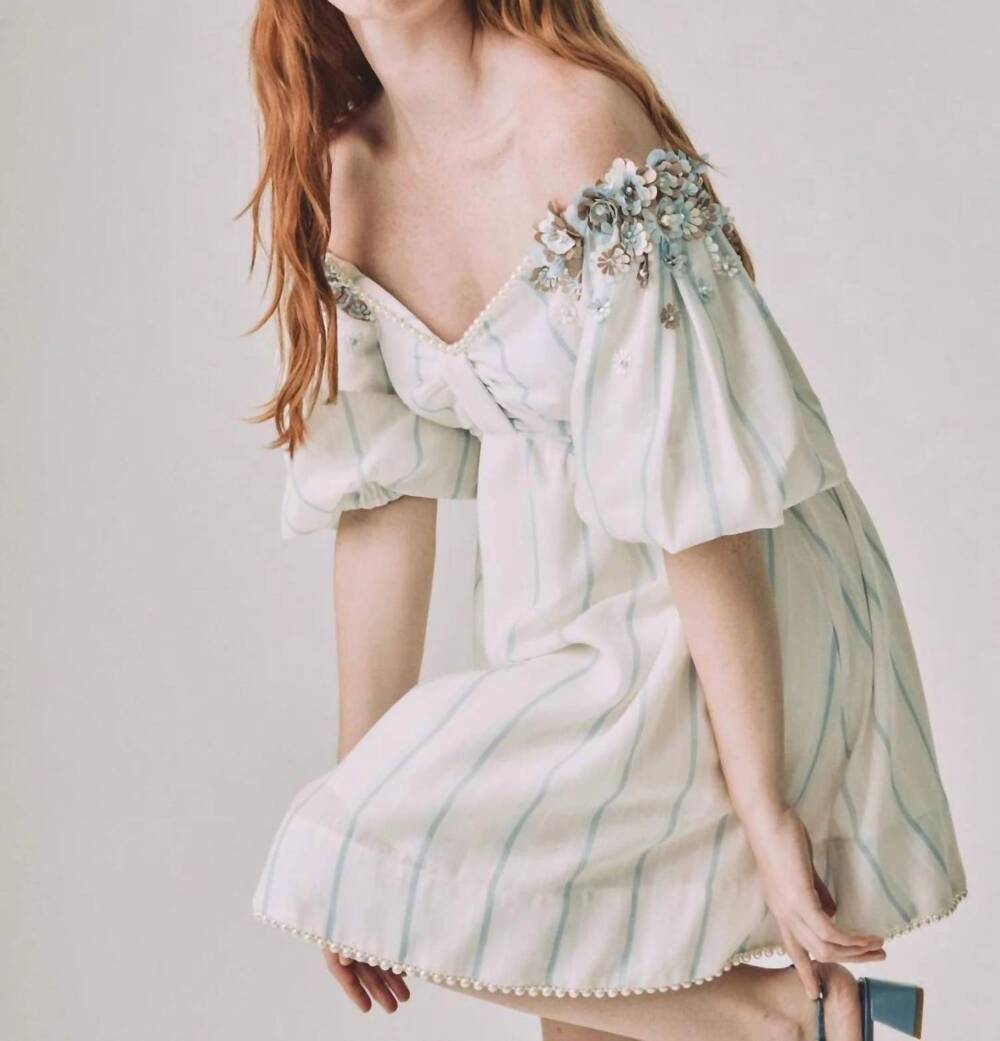 NEW PAMELA STEVENSON pearly off-shoulder mini dress in white/blue multi